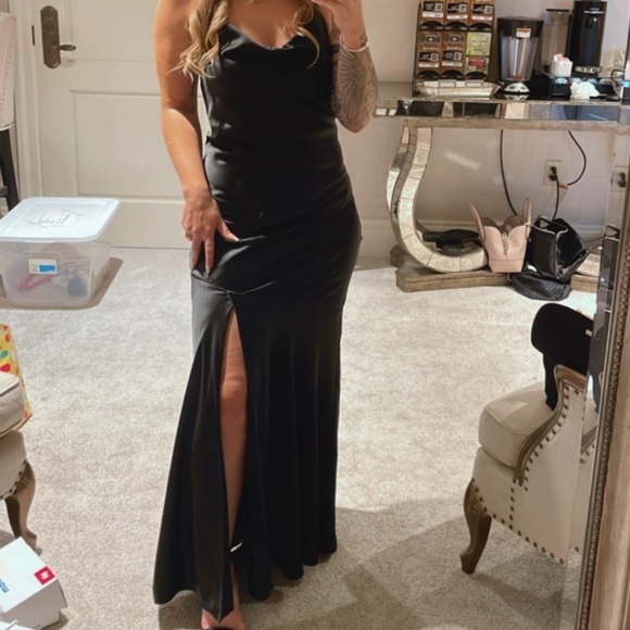 SOLD: Revelry Kimora Black Satin Bridesmaid Dress - Picture 1 of 4